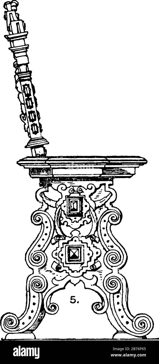 Une représentation typique de la chaise allemande qui a été décorée de pierres, avec un seul siège et manque d'armes, dessin vintage de ligne ou gravure illu Illustration de Vecteur