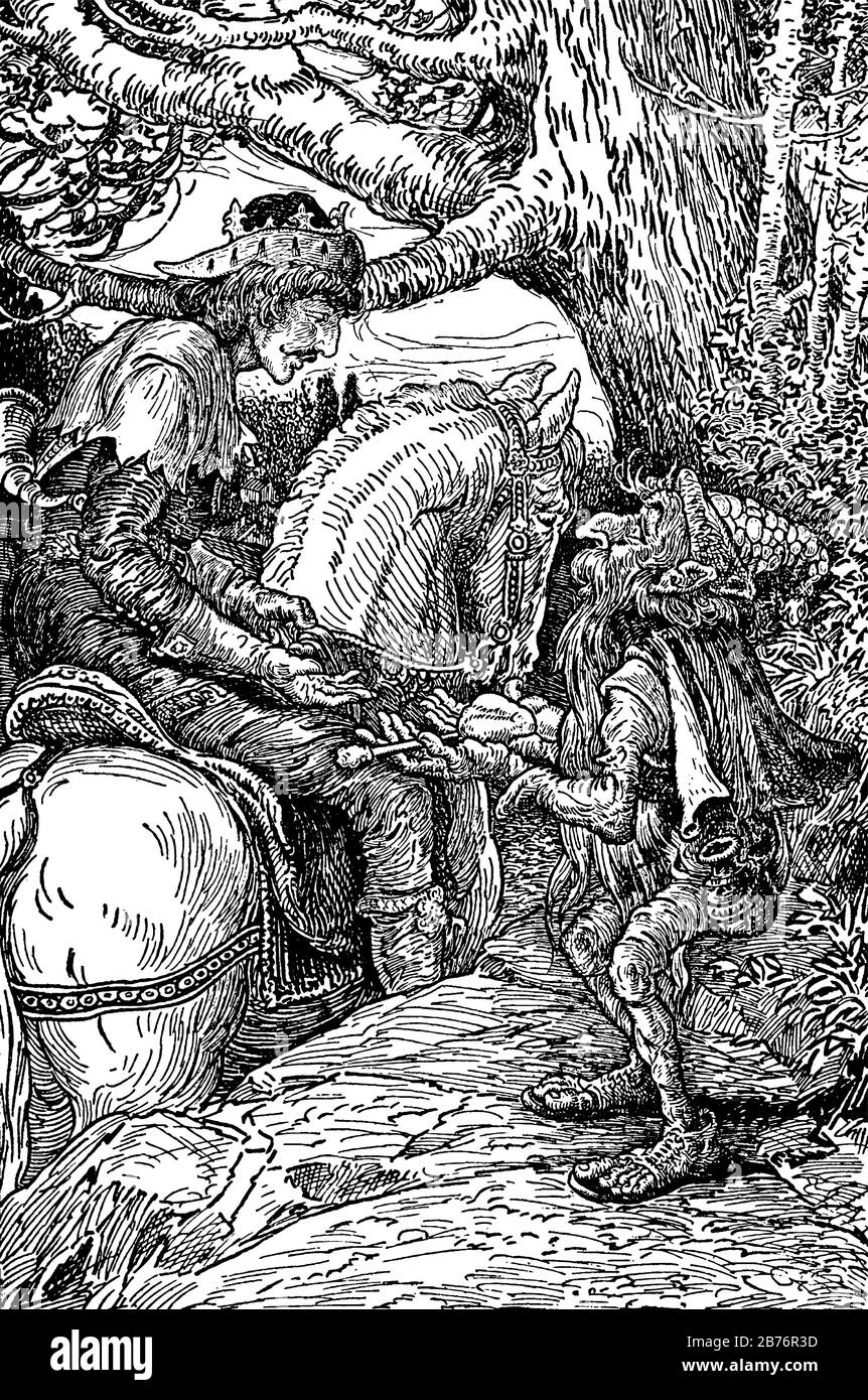 Un homme à cheval parlant à un petit homme debout près de l'arbre, dessin vintage ou gravure illustration Illustration de Vecteur