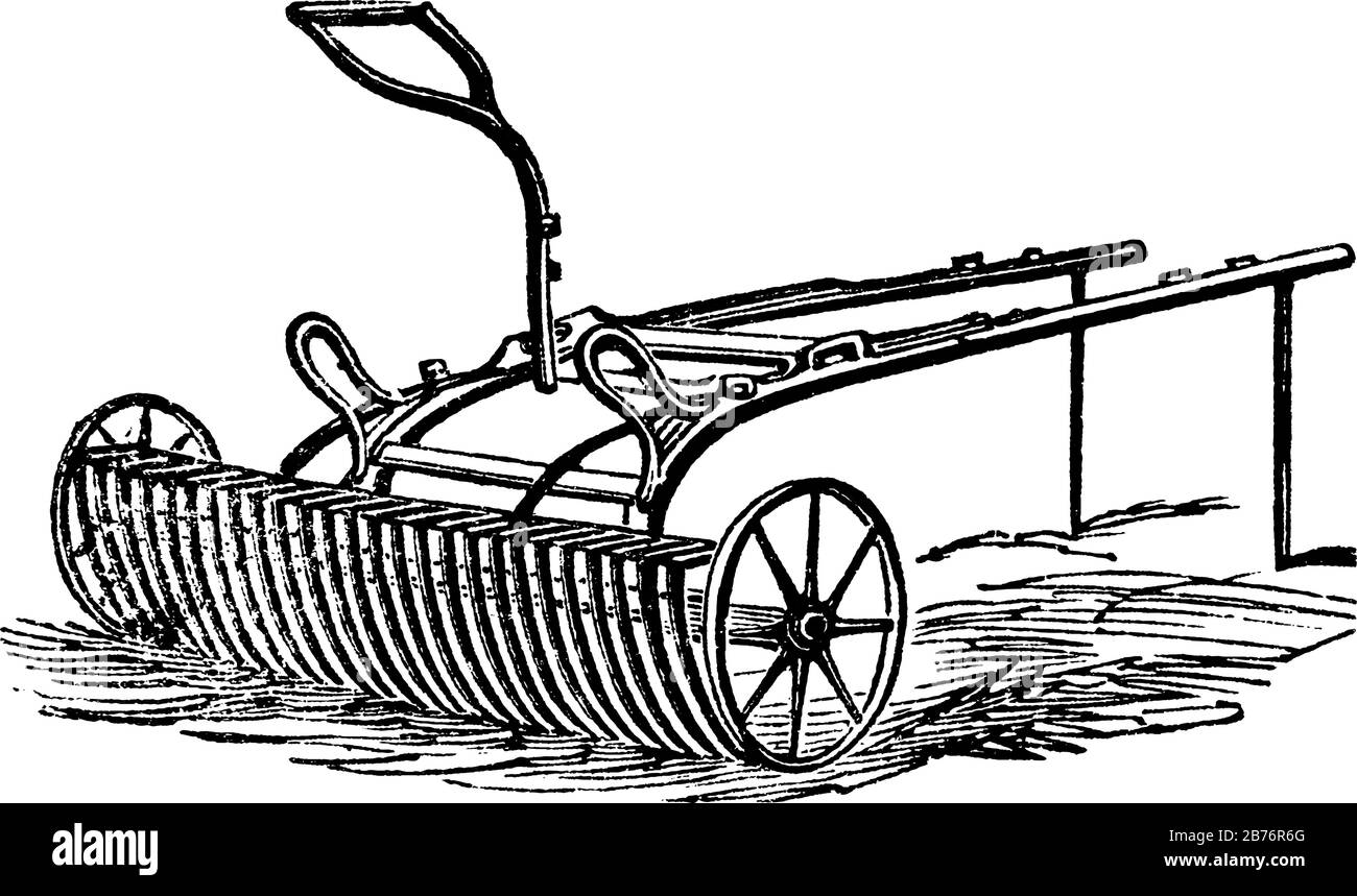 Un Outil qui se compose d'une barre en bois ou en fer meublée de dents en bois ou en fer, et fermement fixé à angle droit à une poignée, dessinée par des chevaux, Illustration de Vecteur