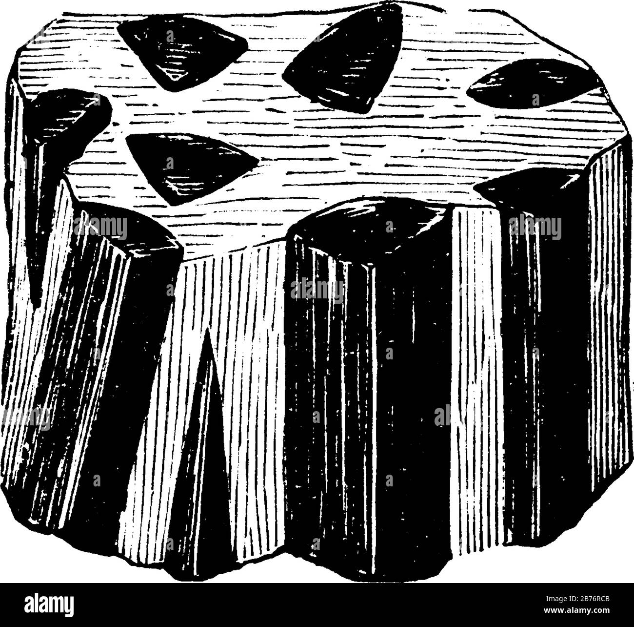 Brillant, noir, pierre oblongue, Il montre trois images de pierre tourmaline en elle, dessin vintage de ligne ou gravure Illustration de Vecteur