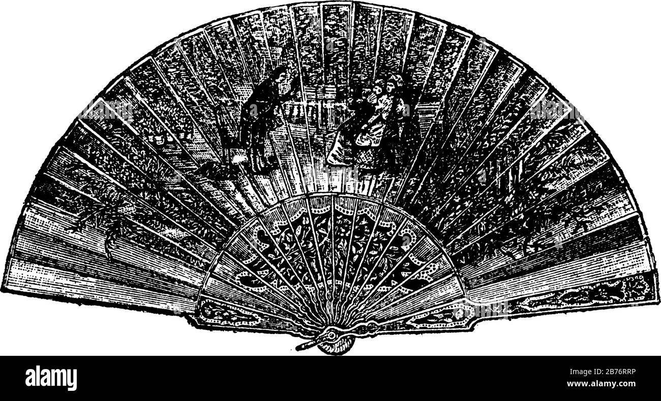 Fan de la coquille espagnole du XVIIIe siècle de la queue d'un paon, dessin de ligne vintage ou illustration de gravure. Illustration de Vecteur