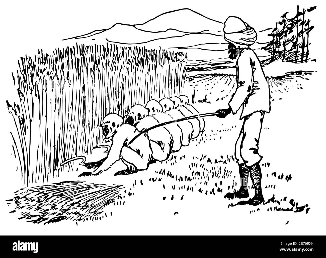 Légende du mal, cette scène montre six singes coupant des poulies par faucille dans la ferme et un agriculteur les regardant, les montagnes en arrière-plan, vintage ligne drawi Illustration de Vecteur