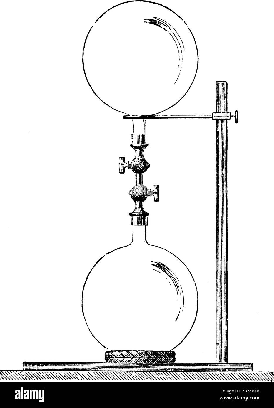 Deux conteneurs sphériques reliés à l'arrière et fixés au support en bois vertical et horizontal, ils sont utilisés pour produire un mélange de gaz, le vintag Illustration de Vecteur