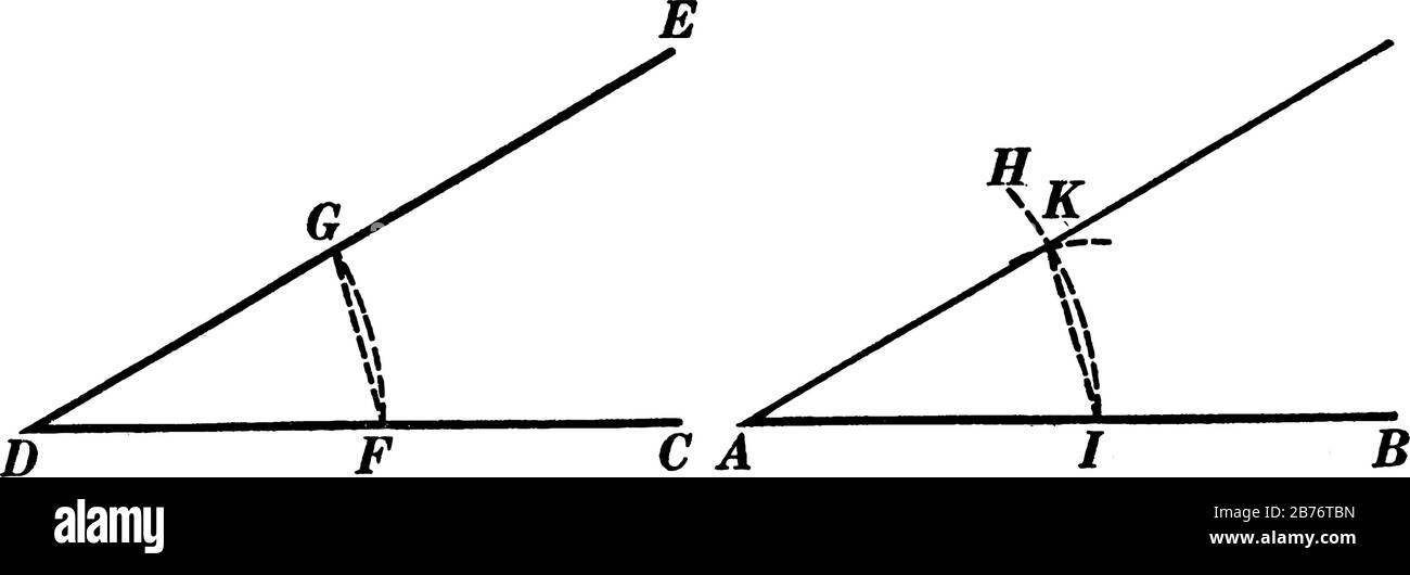 Illustration utilisée pour montrer comment construire un angle égal à un angle donné lorsqu'un sommet et un côté donné, un dessin de ligne vintage ou en sont donnés Illustration de Vecteur