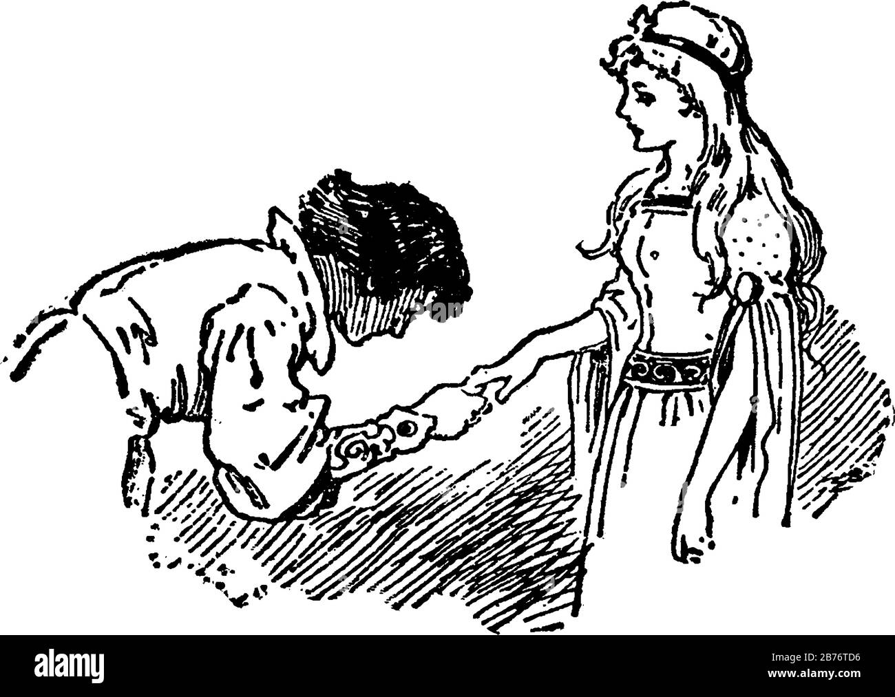 Danseuse, cette scène montre un garçon baise et tenant la main de fille debout à côté de lui demandant la danse, le dessin de ligne vintage ou illustrateur à Illustration de Vecteur
