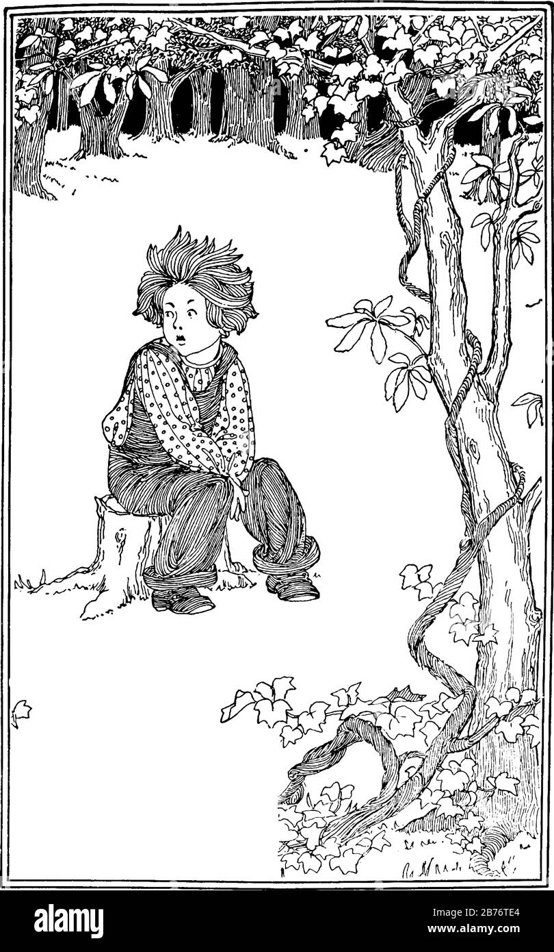 L'image montre un garçon assis sur un arbre de souche, et étonnamment regardant quelque chose et ses cheveux se dressent debout dans la direction du vent, vi Illustration de Vecteur