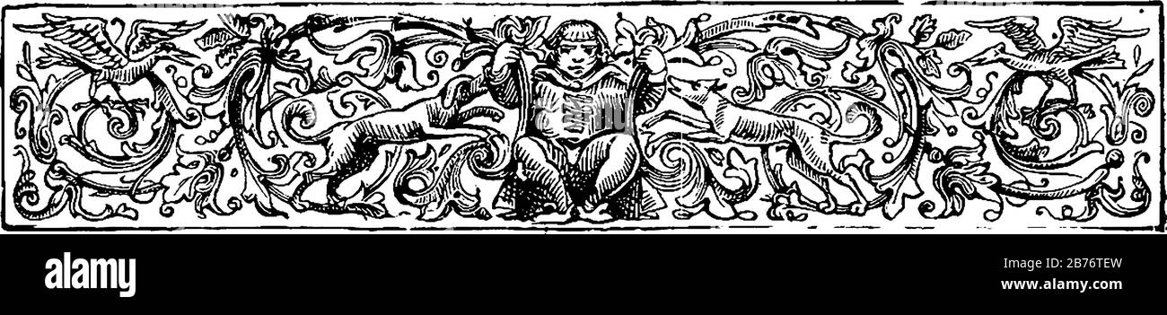 Un diviseur décoratif avec un homme au centre, entouré de plantes et d'animaux, dessin vintage ou illustration de gravure. Illustration de Vecteur