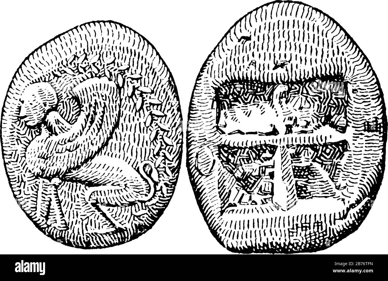 Les côtés obvers et inverse de l'une des pièces les plus anciennes. Il montre trois images de la pièce de monnaie grecque en elle, dessin de ligne vintage ou gravure Illustration de Vecteur