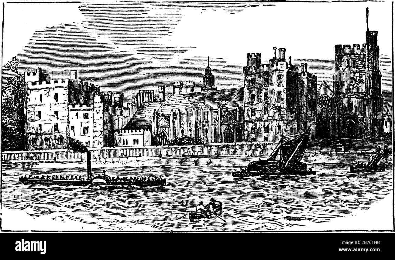 Bâtiment du Palais Lambeth en face de la rivière, c'était la résidence de Londres de l'archevêque de Canterbury. Construit au XVIIe siècle, Li vintage Illustration de Vecteur