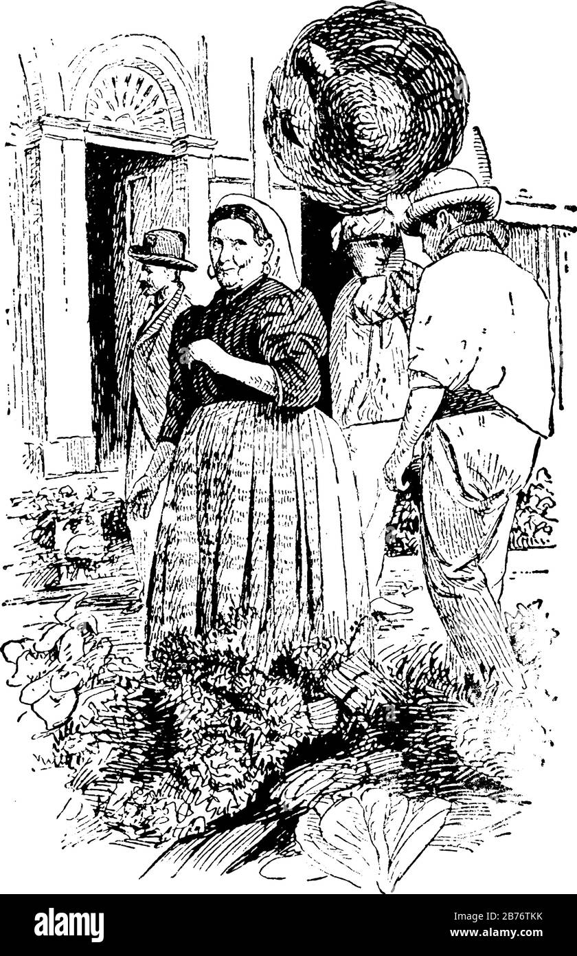 Un groupe de personnes achetant des trucs sur le marché à bas prix et les ventes ces trucs ville par ville. Ces personnes sont connues sous le nom de Peddlers ou De Faucons, millésime l Illustration de Vecteur