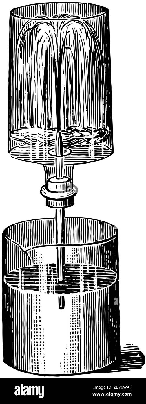 Aspirez un morceau de tuyau en verre à un jet et poussez-le à travers une perforation dans un liège qui s'adapte parfaitement à une bouteille, dessin vintage de ligne ou gravure malade Illustration de Vecteur