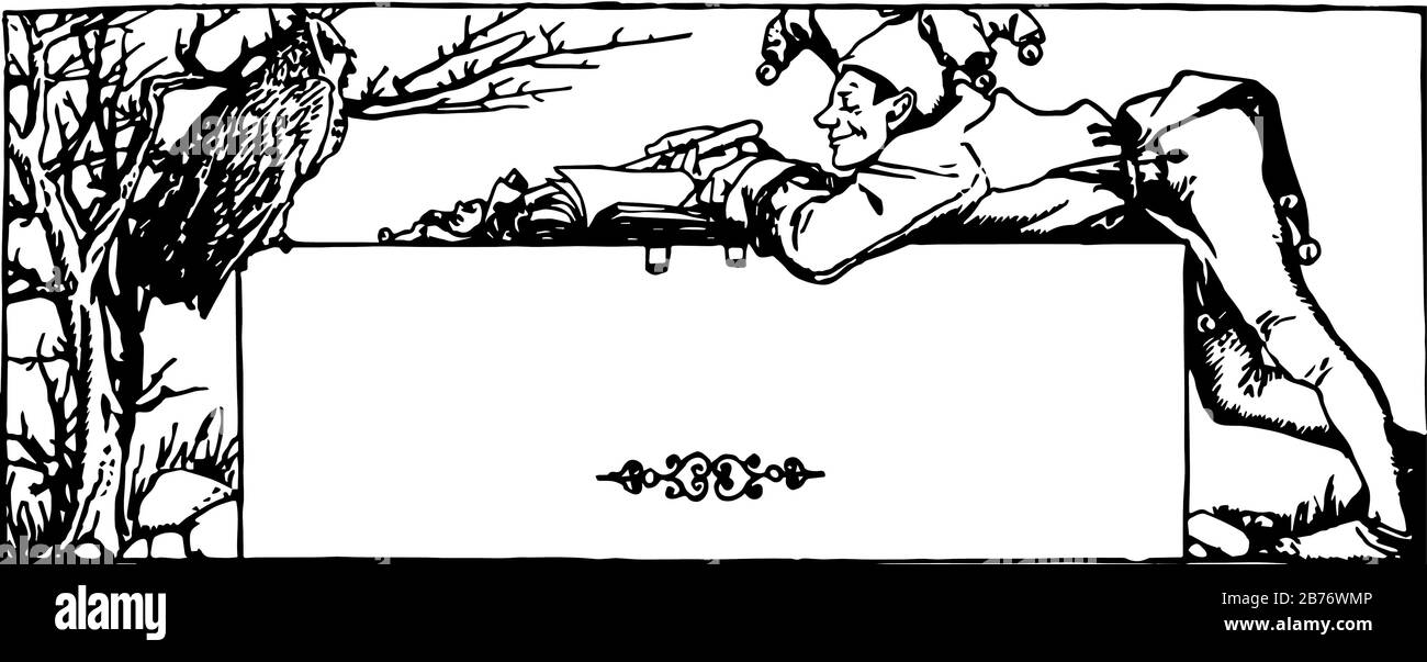 La bannière picturale a Fool man and chouette, dessin de ligne vintage ou illustration de gravure. Illustration de Vecteur