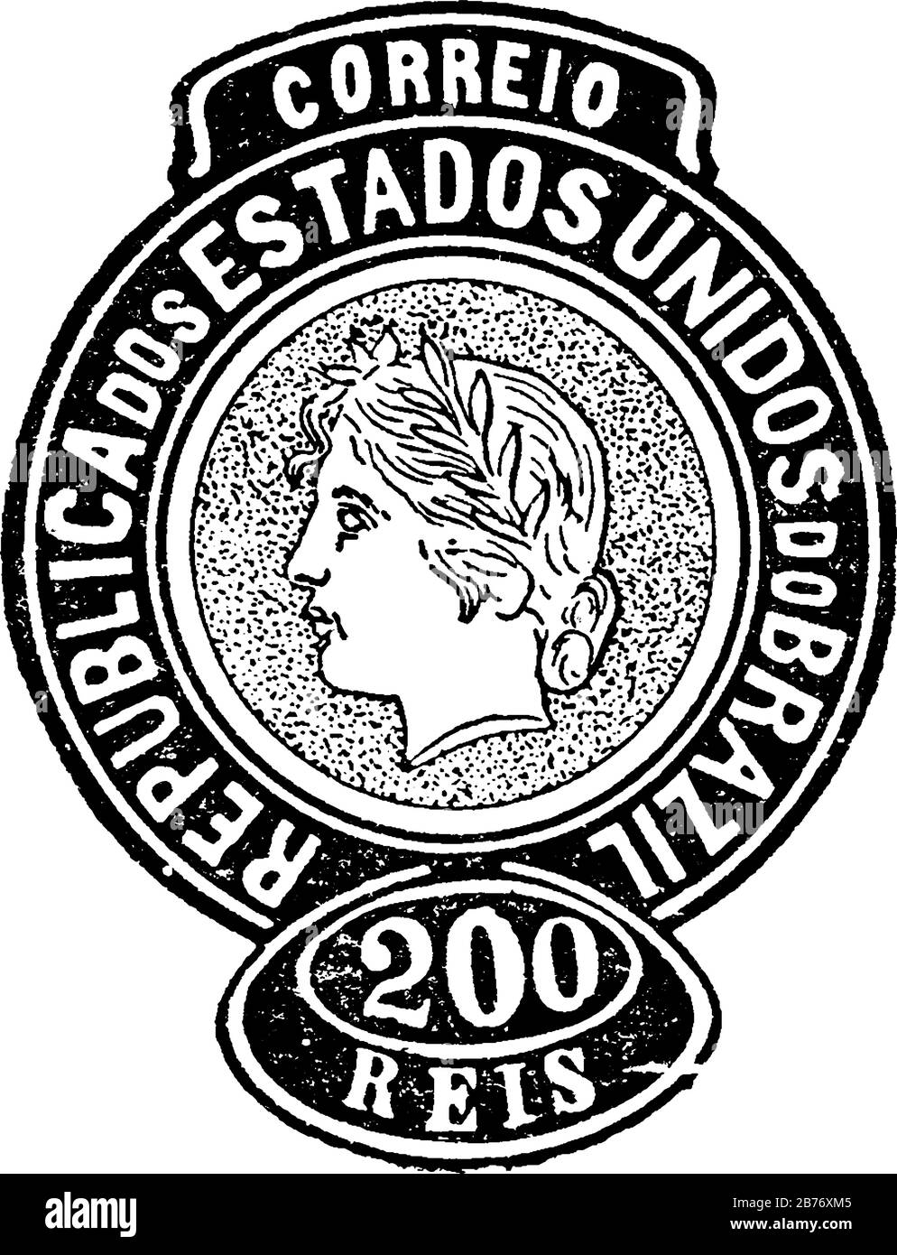 Enveloppe du Brésil (200 reis) à partir de 1893, un petit morceau de papier adhésif a été coincé à quelque chose pour montrer une quantité d'argent payé, principalement un timbre-poste, Illustration de Vecteur