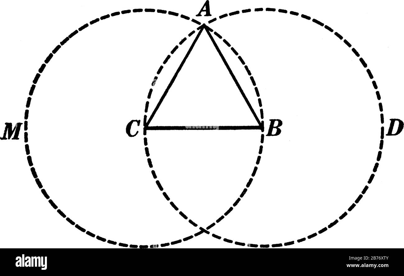 Illustration utilisée pour montrer comment construire un triangle équilatéral, avec une ligne donnée en tant que dessin latéral, vintage ou gravure illustratif Illustration de Vecteur