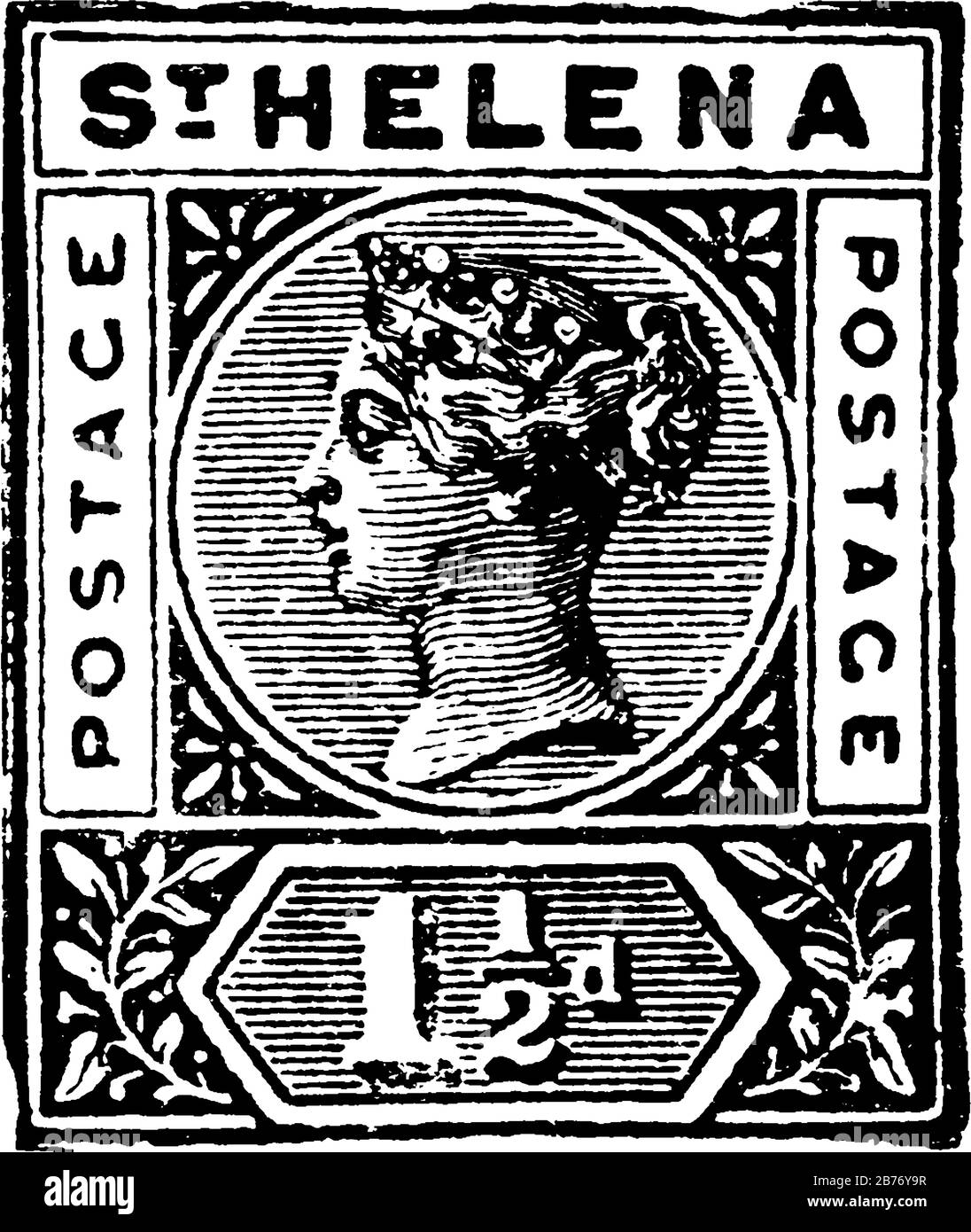 Stamp Sainte-Hélène (1-1/2 d) à partir de 1890, un petit morceau de papier adhésif coincé à quelque chose pour montrer une quantité d'argent payé, principalement un timbre-poste, vint Illustration de Vecteur
