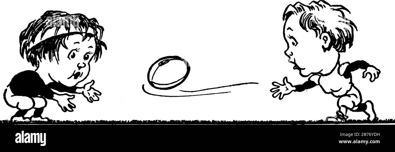 L'image montre les enfants jouant au football, dans lequel un petit garçon prend un passe dans le jeu, dessin vintage de ligne ou illustration de gravure. Illustration de Vecteur