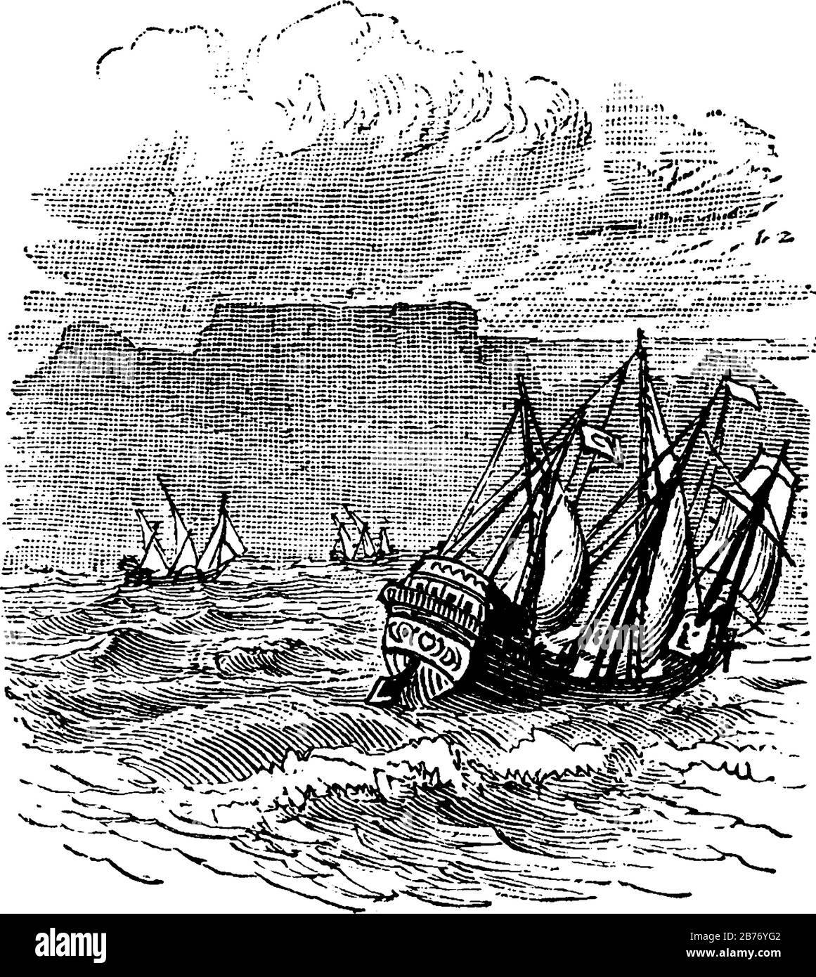 Brigantine bateau à voile est incliné dans l'océan pendant la tempête de l'océan, dessin de ligne vintage ou illustration de gravure. Illustration de Vecteur