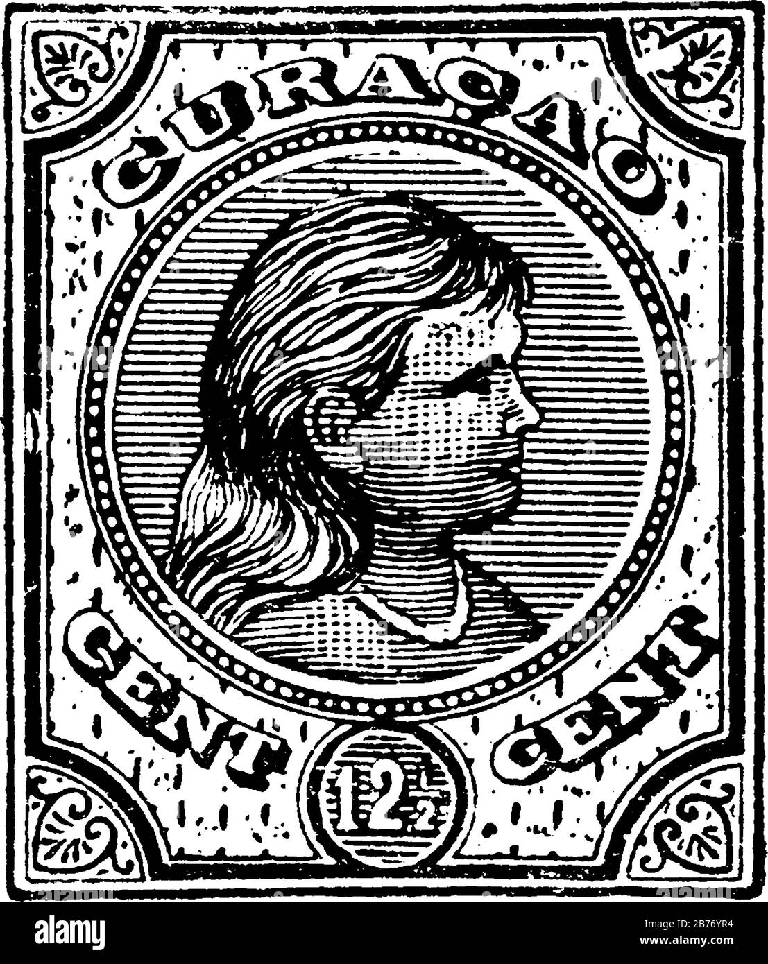 Stamp Curaçao (12-1/2 cent) de 1892-1893, un petit morceau de papier adhésif a été coincé à quelque chose pour montrer une quantité d'argent payé, drawi de ligne vintage Illustration de Vecteur