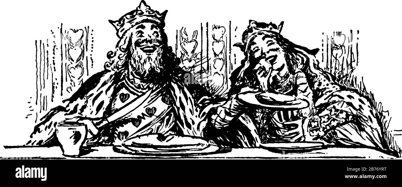 L'image représente le roi et la reine des coeurs, assis dans une table pendant qu'ils aiment un repas, dessin vintage de ligne ou illustration de gravure. Illustration de Vecteur