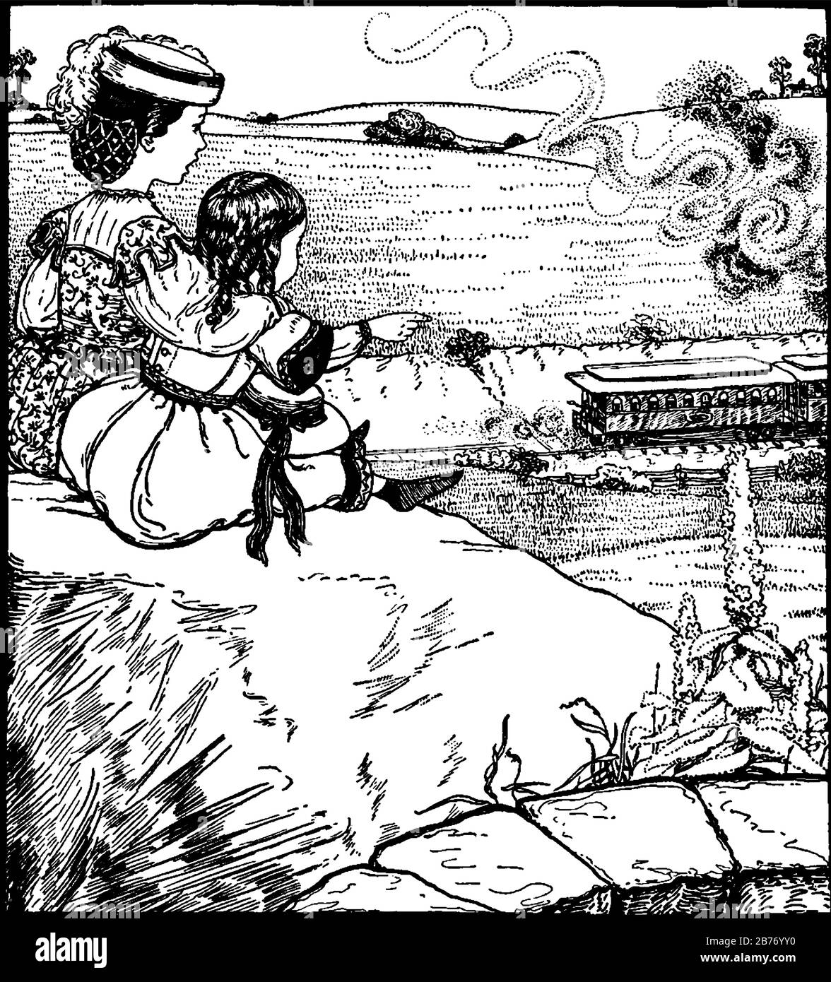 Une fille avec sa petite sœur assise en haut de la colline pointant train se déplaçant sur la piste, vintage ligne dessin ou gravure illustration. Illustration de Vecteur