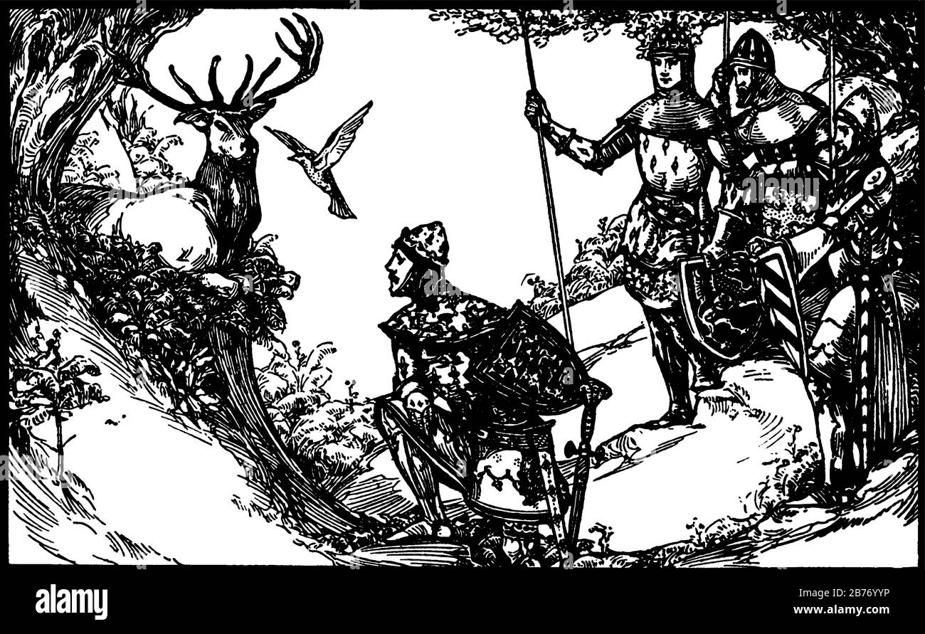 Les guerriers professionnels de cavalerie entièrement équipés d'armes et de boucliers sont debout dans la forêt. L'un des guerriers s'agenouillant avant le cerf, ligne vintage Illustration de Vecteur