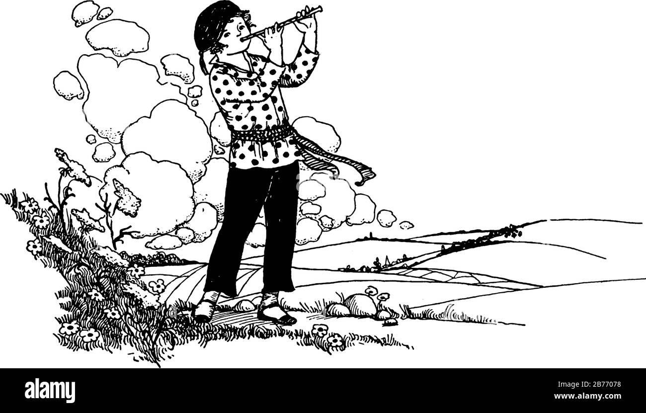 L'image représente un garçon jouant une flûte, un instrument de musique qui produit de la musique, à l'extérieur près des champs, dessin de ligne vintage ou gravure illust Illustration de Vecteur