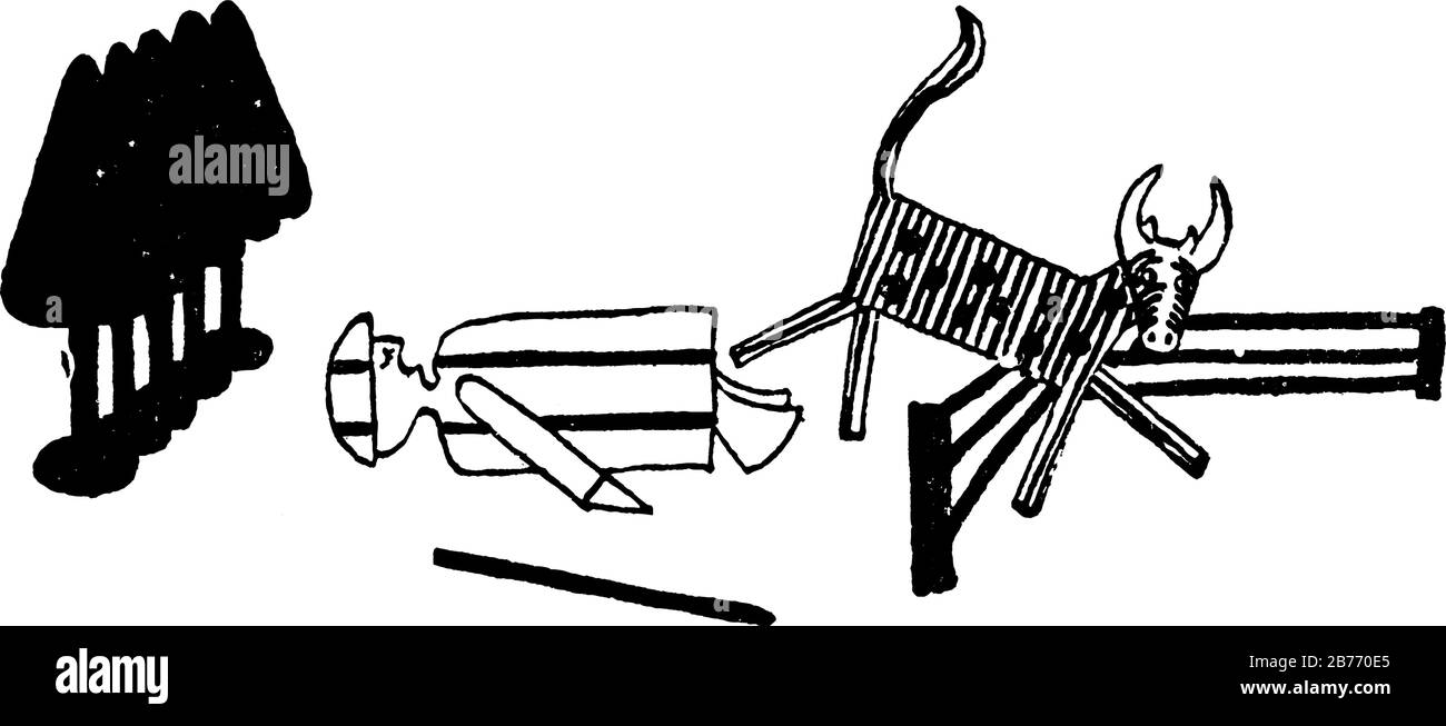 La photo de dessin animé montre que, Hans s'endormit tout en prenant la vache au pâturage et la vache saute au-dessus de la clôture et s'éloigne, ligne drawi vintage Illustration de Vecteur