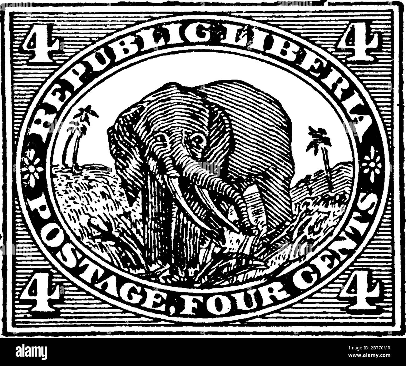 Liberia Stamp (4 cents) à partir de 1892, un petit morceau de papier adhésif coincé à quelque chose pour montrer une quantité d'argent payé, principalement un timbre-poste, vintage Illustration de Vecteur