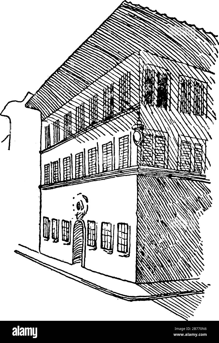 La maison de Michel-Ange à Florence, Italie. Montrant trois images de bâtiment italien en elle, dessin ou gravure vintage de ligne Illustration de Vecteur