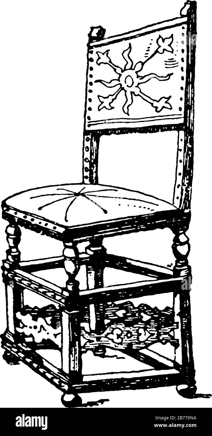 Une représentation typique de la chaise hollandaise qui était capitonnée en cuir, a des jambes, manque de bras et un siège unique, dessin de ligne vintage ou gravure Illustration de Vecteur