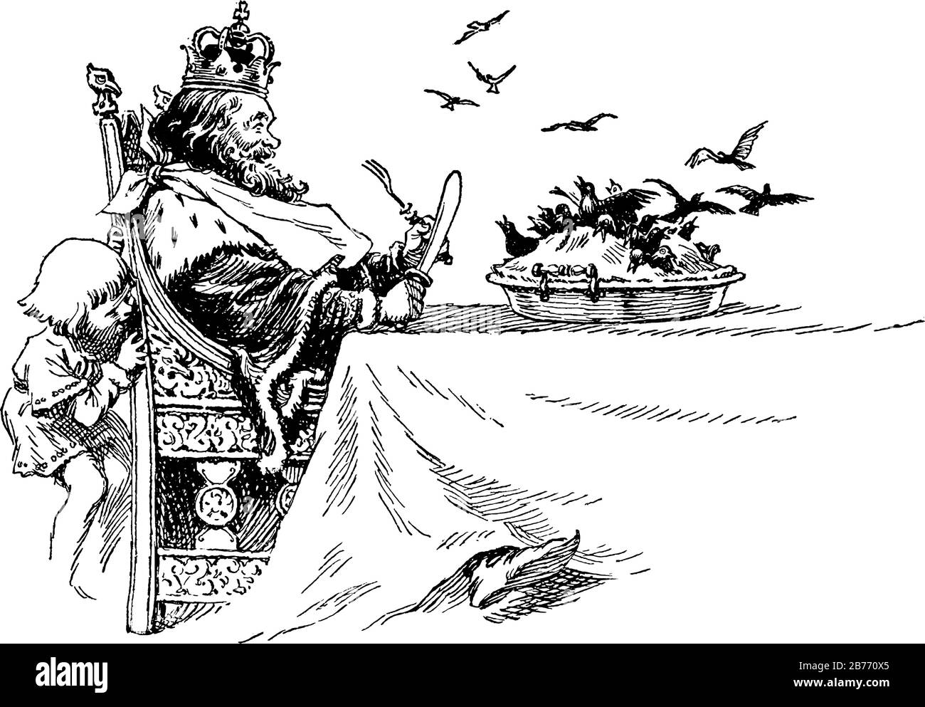 Une illustration pour accompagner la chanson des enfants, Sing a Song of Sixpenence, quatre et vingt blackbirds cuits dans une tarte, un dessin de ligne vintage ou un graveur Illustration de Vecteur