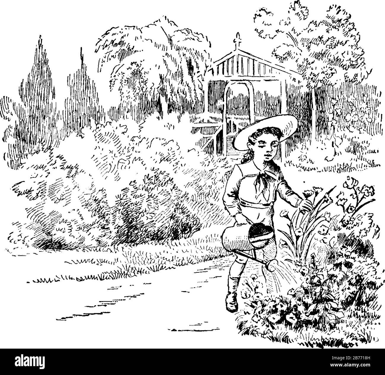 Un petit garçon et une fille vêtue de beaux vêtements parlent les uns avec les autres. De beaux arbres verts et des collines dans leur arrière-plan est également visible i Illustration de Vecteur