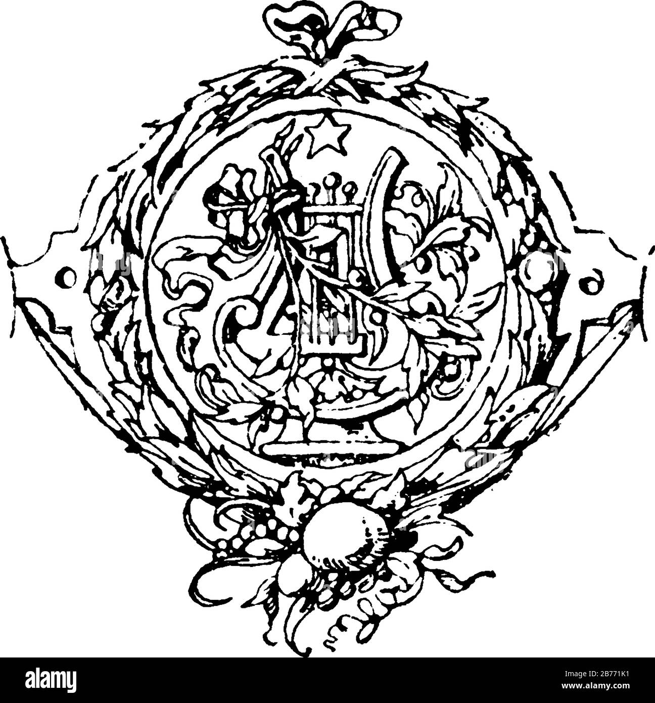 Un symbole sur le titre des œuvres de Goethe par Dir. Götz de Carlsruhe, gravé de motifs décoratifs, dessin vintage ou illustration de gravure. Illustration de Vecteur