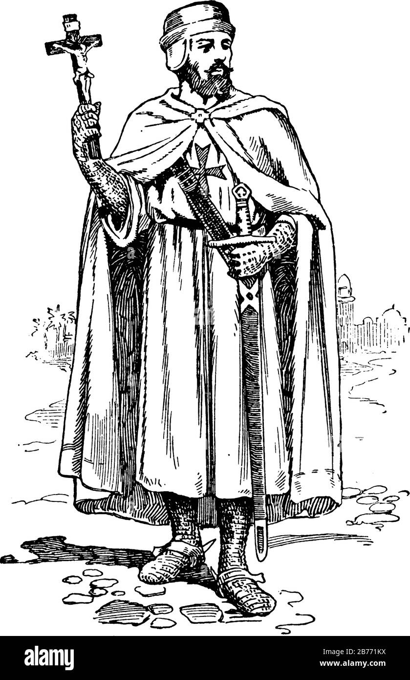 Les hospitaliers étaient des hommes qui se battaient en guerre, étaient religieux, et aidaient les blessés, Il montre trois images de l'ancien homme qui y tient hospitaler, Illustration de Vecteur