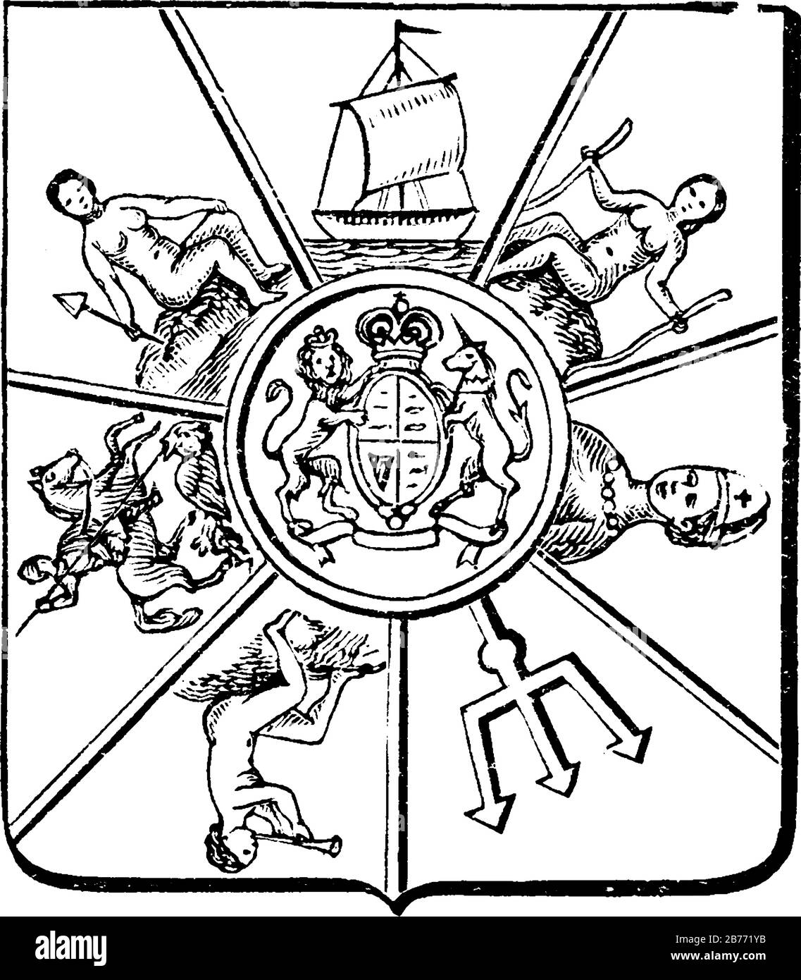 Armoiries, Iles Ioniennes, gravées de mer, peu d'animaux, peu d'hommes, couronne et beaucoup d'autres, dessin ou gravure vintage. Illustration de Vecteur