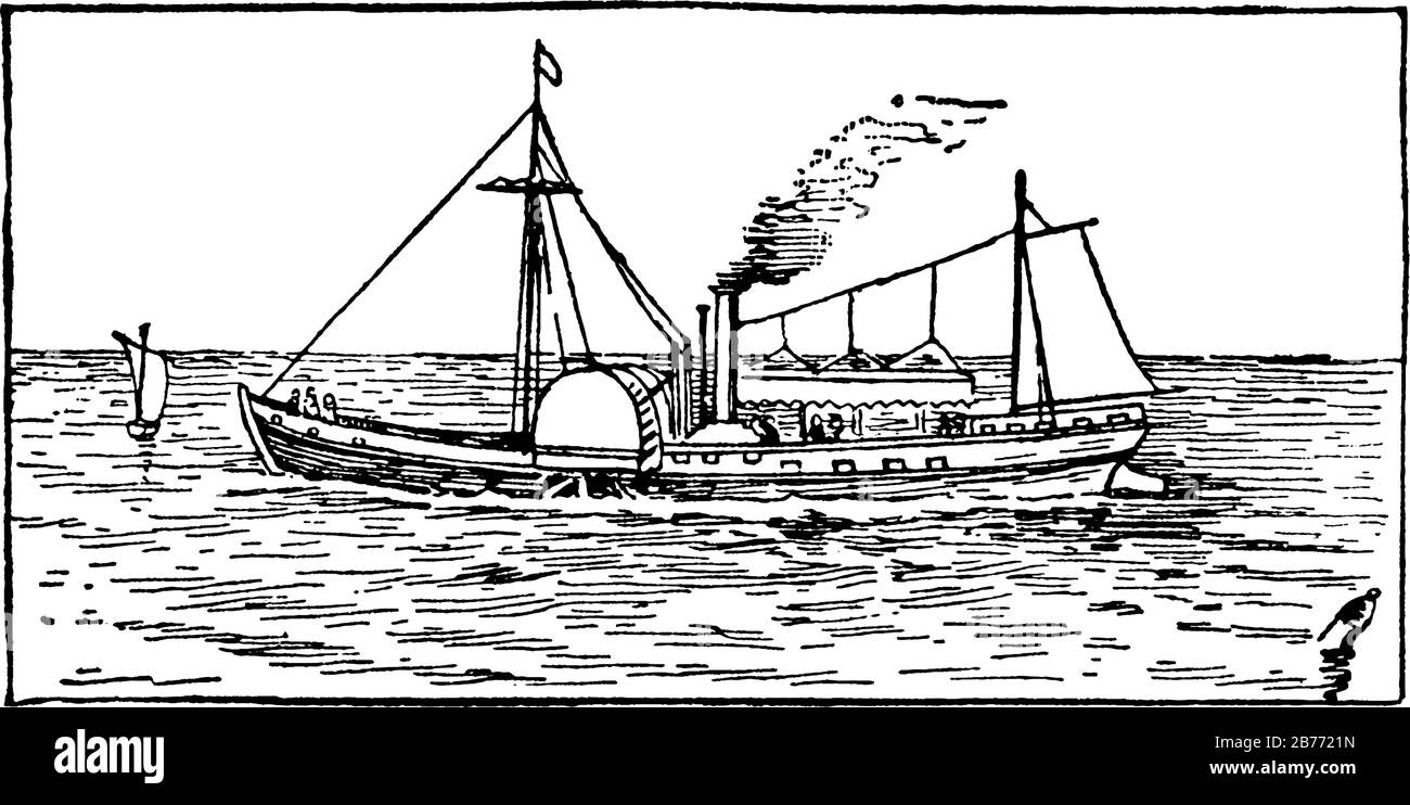 Un premier bateau à vapeur commercial fabriqué par Fulton, qui utilise de la vapeur comme combustible est dans la rivière avec des gaz sortant de la cheminée. , dessin de ligne vintage ou Illustration de Vecteur