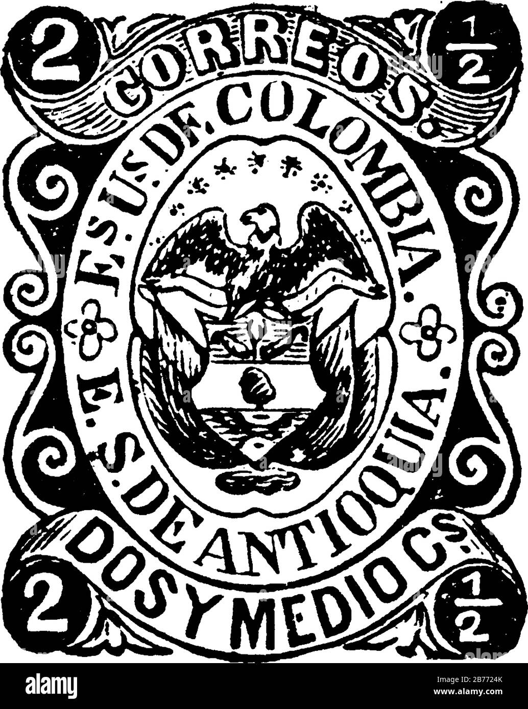 Antioquia, Timbre de la République colombienne (2-1/2 centavos) à partir de 1869, un morceau de papier adhésif a été coincé à quelque chose pour montrer une quantité d'argent payé, vin Illustration de Vecteur