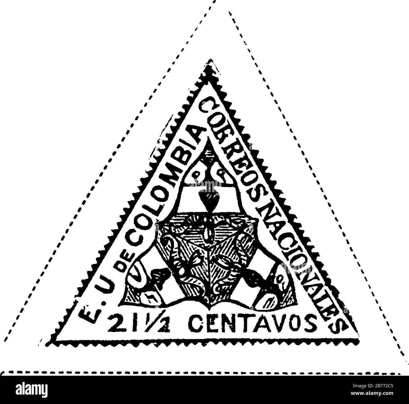 Cachet de la République colombienne (2-1/2 centavos) à partir de 1865, un petit morceau de papier adhésif a été coincé à quelque chose pour montrer une quantité d'argent payé, vintage l Illustration de Vecteur