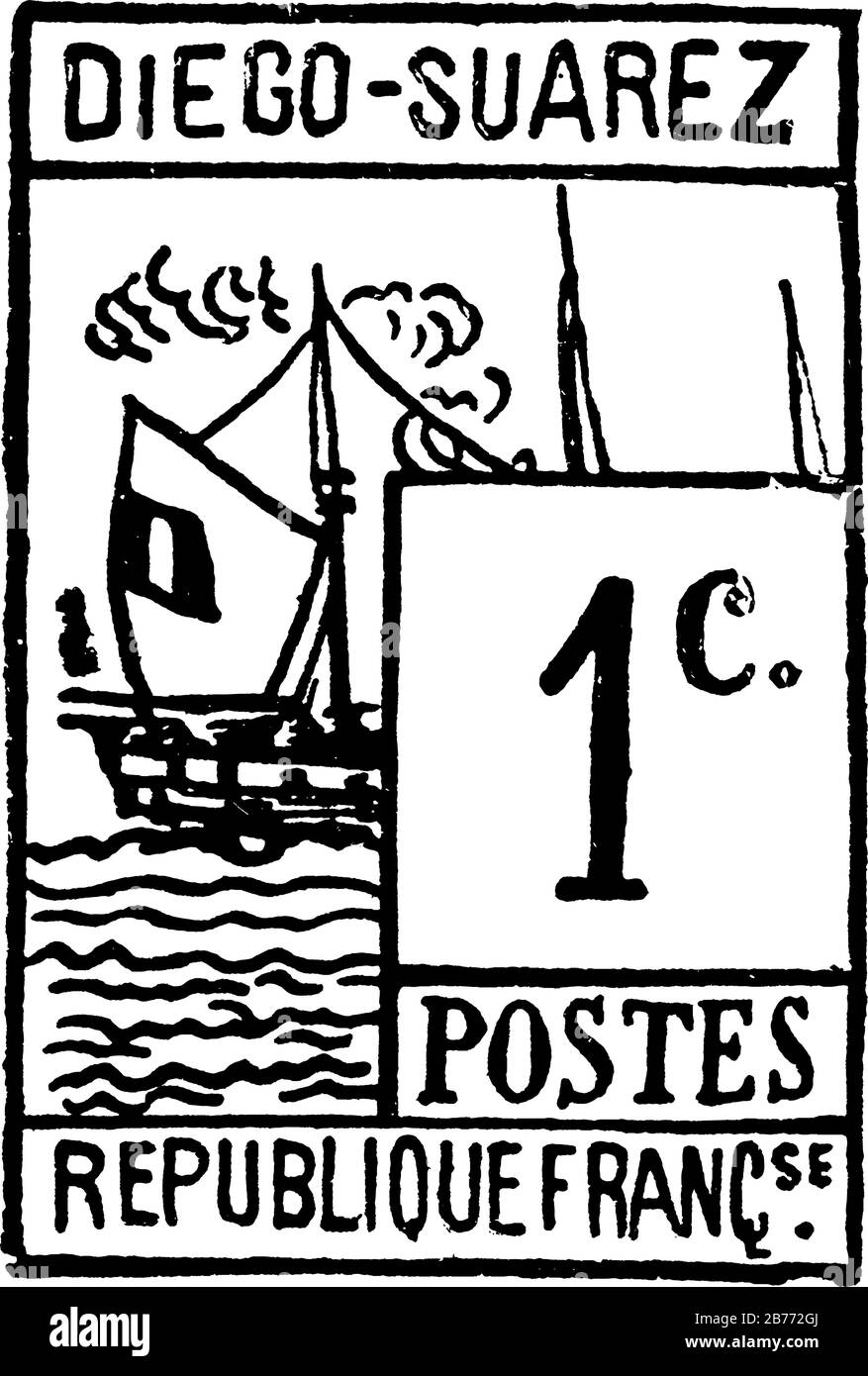 Diego Suarez Stamp (1 C) à partir de 1890. Diego-Suárez est une ville située à la pointe nord de Madagascar, dans la province d'Antsiranana, ancienne colonie française Illustration de Vecteur