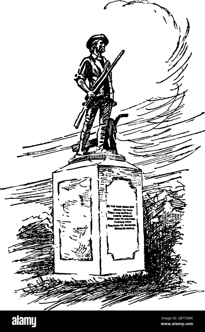 Statue d'un minute homme un monument obélisque, à Concord; dans lequel les programmes d'histoire vivante sont menés de mai à octobre, dessin de ligne vintage Illustration de Vecteur
