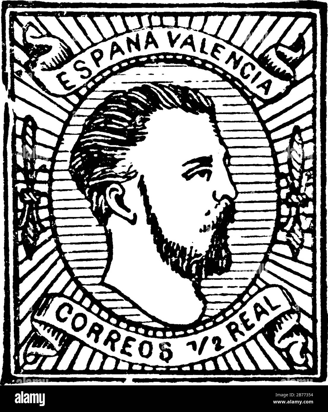 Espagne Stamp (1/2 réel) de 1874, un petit morceau de papier adhésif coincé à quelque chose pour montrer une quantité d'argent payé, principalement un timbre-poste, vintage Illustration de Vecteur