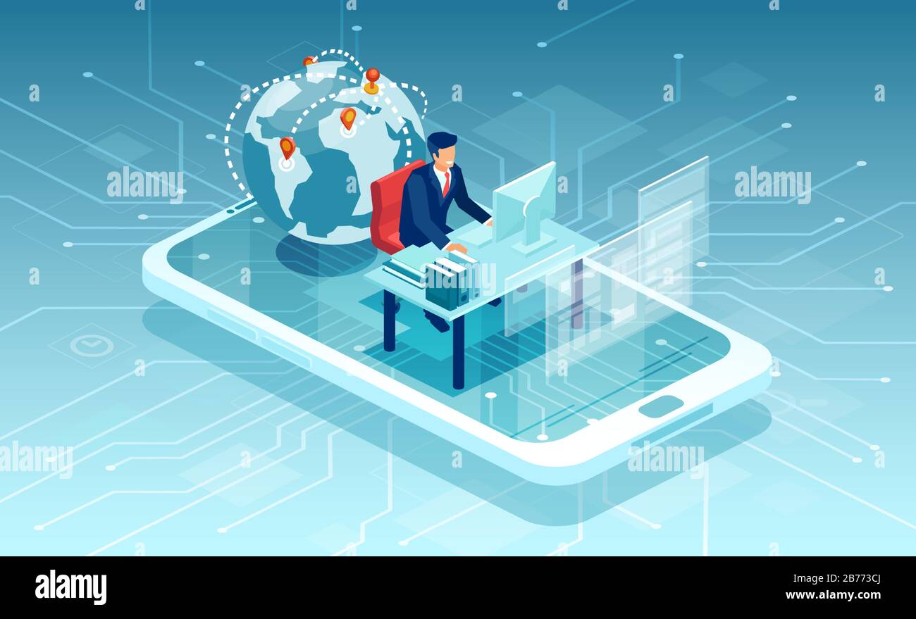 Vecteur d'un homme d'affaires travaillant en ligne dans une plateforme de médias sociaux mobiles communiquant avec les clients dans le monde entier Illustration de Vecteur