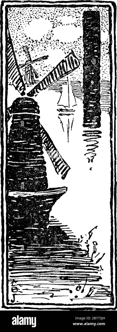 Un dessin décoratif avec des motifs fantaisie audacieux et des motifs répétés de moulins à vent, dessin vintage ou illustration de gravure. Illustration de Vecteur