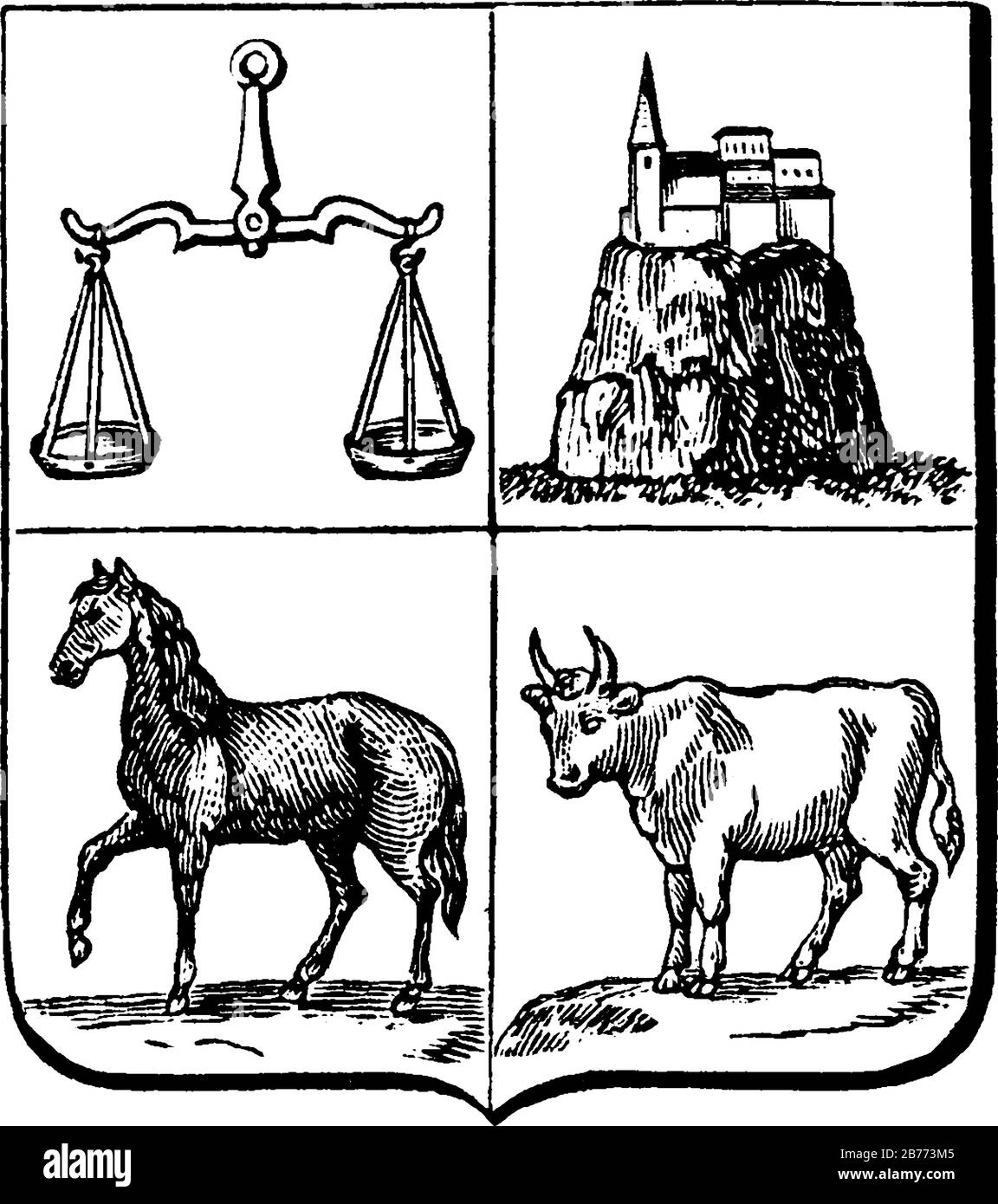 Armoiries, Uruguay, avec quatre éléments, Une Échelle de justice, argent dans la base Barry ondulé argent, un cheval sable et un bœuf, dessin vintage ou eng Illustration de Vecteur