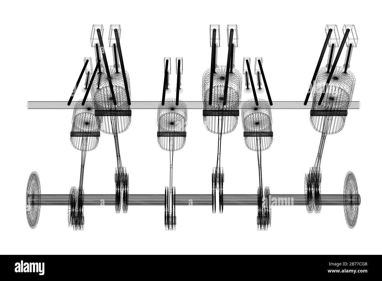 Moteur six cylindres en relief, filaire, fond blanc Banque D'Images