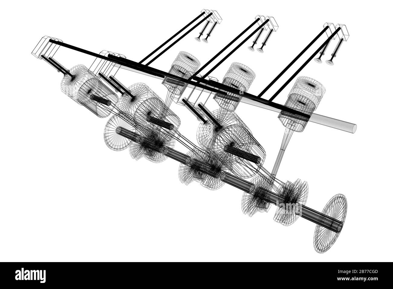 Moteur six cylindres en relief, filaire, fond blanc Banque D'Images