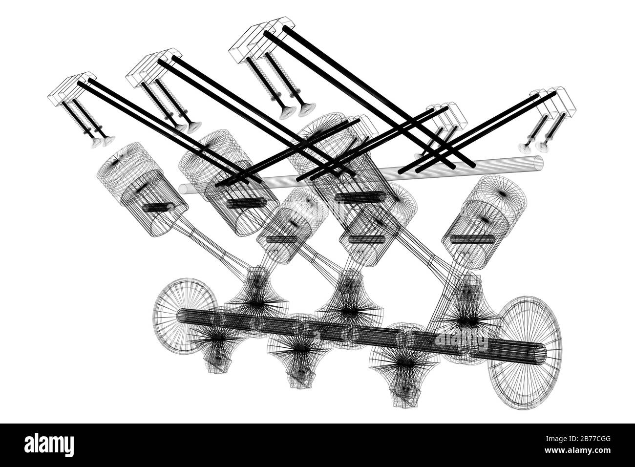 Moteur six cylindres en relief, filaire, fond blanc Banque D'Images