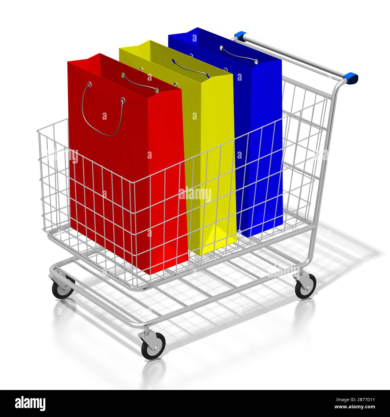 Panier d'achat en 3 dimensions, sacs à provisions colorés, fond blanc. Banque D'Images