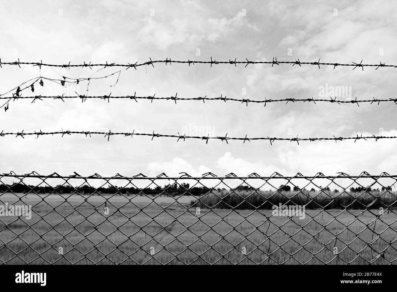 Prison barbelée, centre de détention, incarcération, à la campagne et fond de couleur grise Banque D'Images