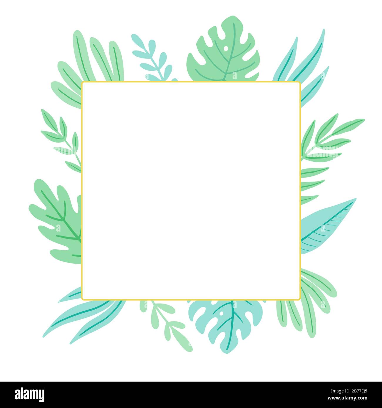 Cadre tropical de feuilles d'été pour bordure de texte, carte de vœux, affiche. Décoration fleurie exotique de style hawaï. Illusions vectorielles de style tendance. Illustration de Vecteur